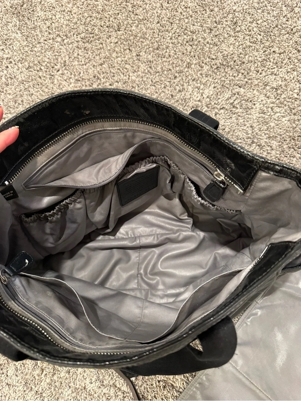 Coach Signature Patent Leather Diaper Bag Black Gray Tote Bag W/ Changing Pad